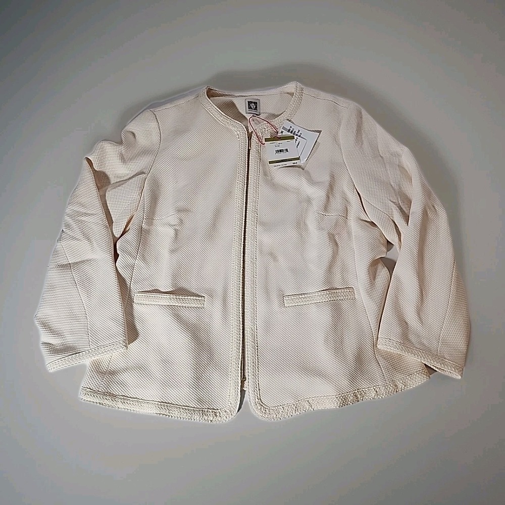 Anne Klein Textured Zip Front Jacket Women's Size 14 Ivory Anne White NWT $159